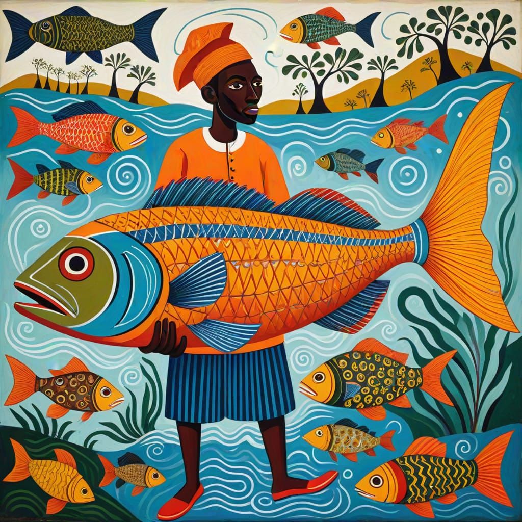 A fisherman and a giant fish, naive art, traditional Yoruba mythology, recursive, Osogbo Art School, detailed patterns, ...