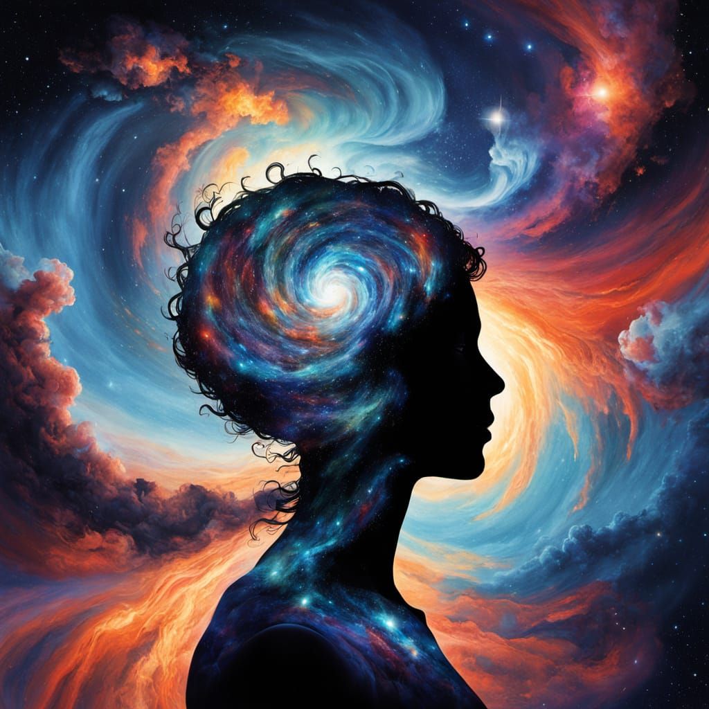 Cosmic Silhouette with Galaxies, Surreal Oil Painting