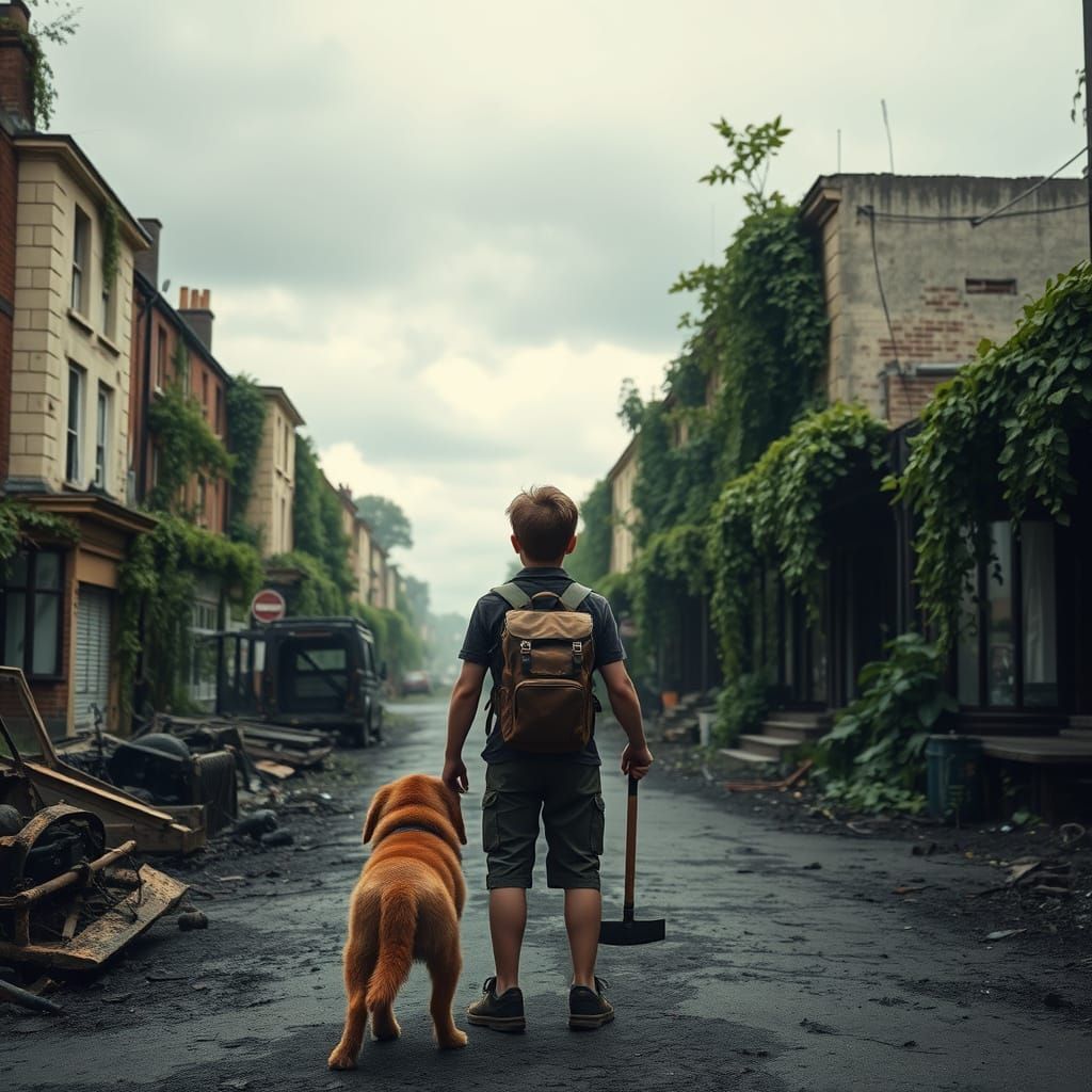 Post-Apocalyptic UK Street Scene with Adventurer and Dog