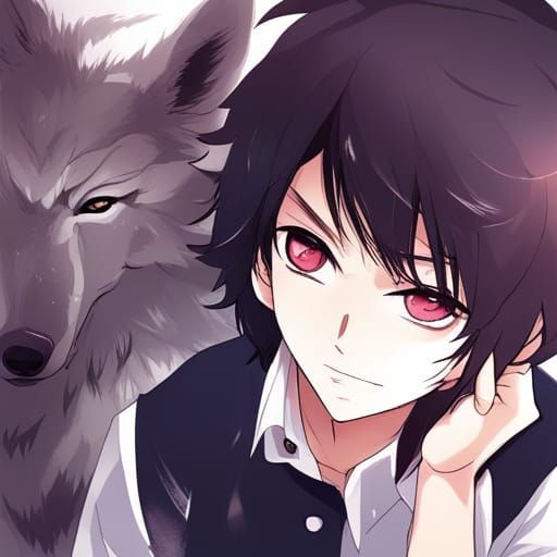 Anime Boy with Wolf Ears and Gray Wolf