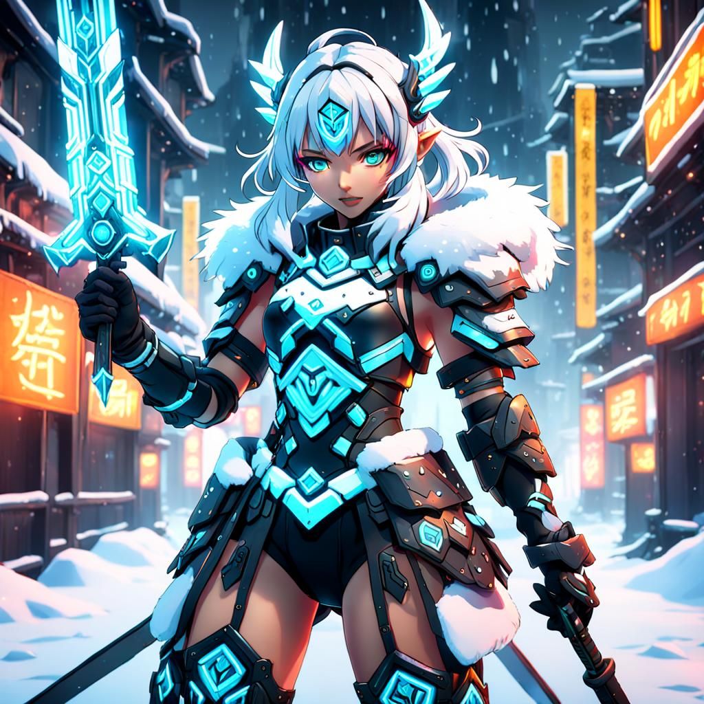 Anime Neon Warrior Girl in Snowy Landscape
