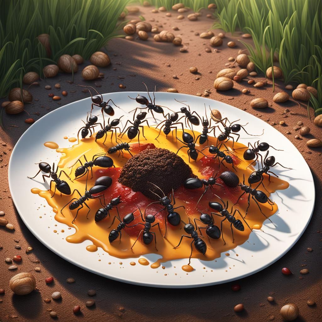 Ants Discovering Picnic Food, Hyperrealistic Splash Art