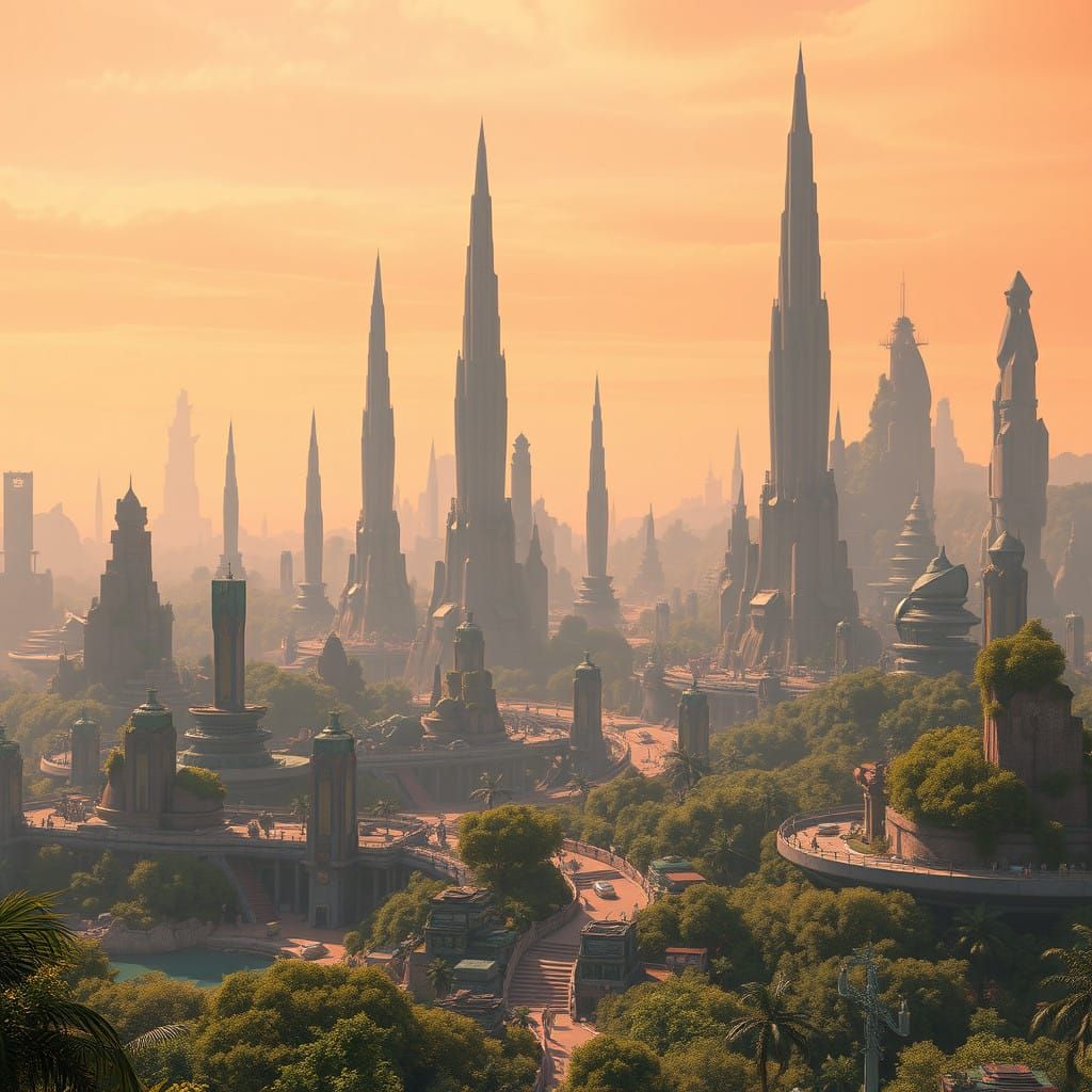 Futuristic Utopia Cityscape in Vibrant Orange-Pink Hues