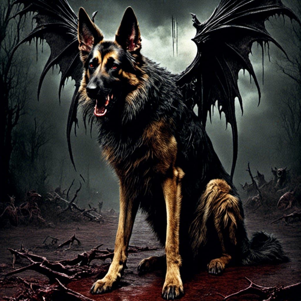 Hyperrealistic Vampire German Shepherd with Bat Wings