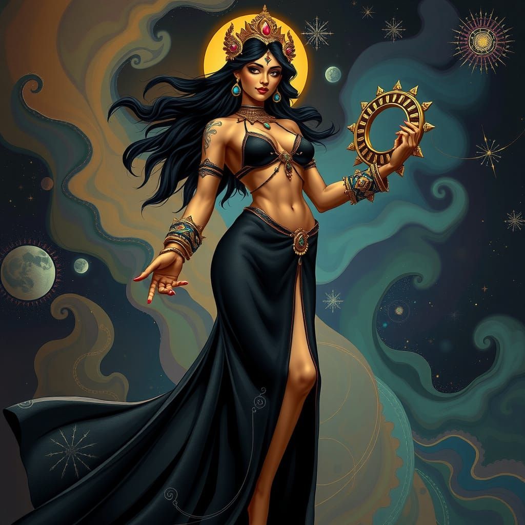 Dark Fabric Goddess with Glowing Eyes and Floral Tattoos