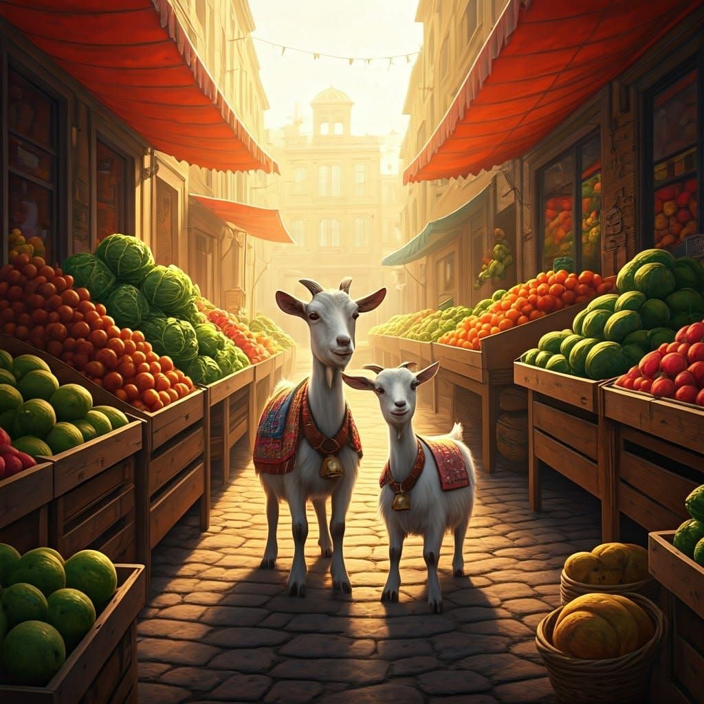 Vibrant Market Scene with Goats in Colorful Produce