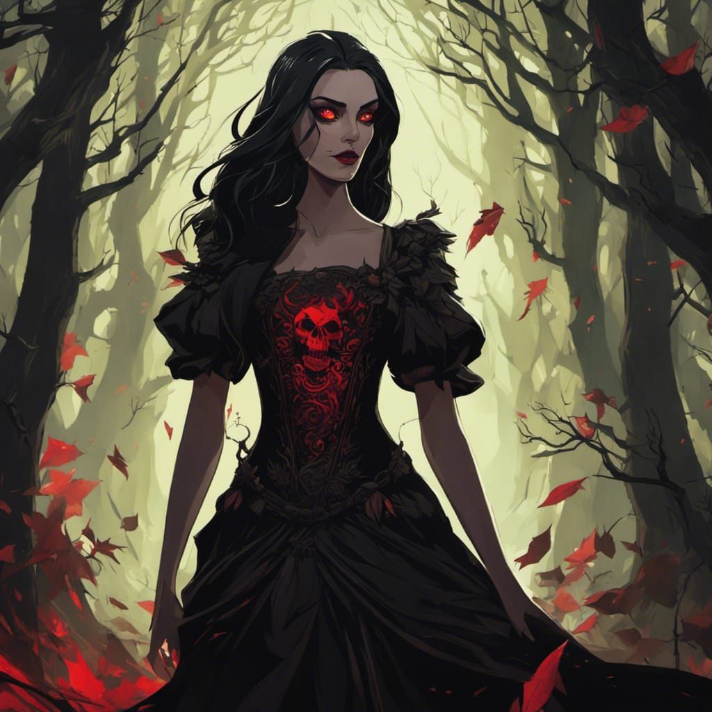 Medieval Woman with Skull Face in Dark Forest