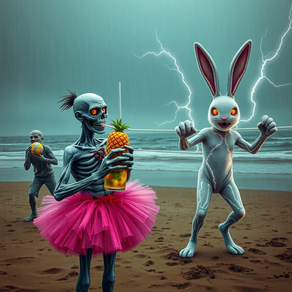 Zombie's Rainy Beach Day: Hyper-Detailed Digital Art