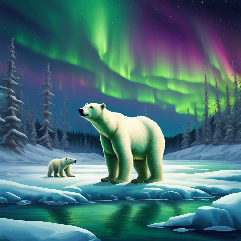 Polar Bear Family Gazing at Northern Lights