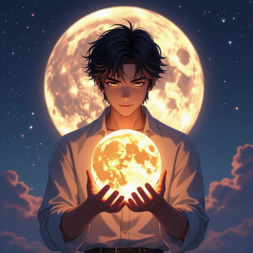 Anime Man Holds Glowing Harvest Moon in Cosmic Expanse