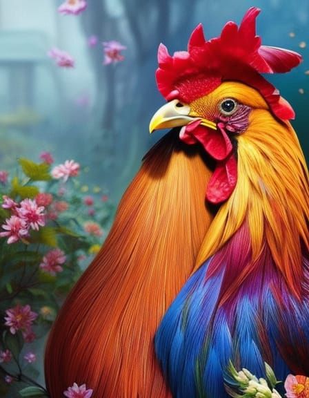 Colorful Rooster Portrait with Flowers, Hyperdetailed Art