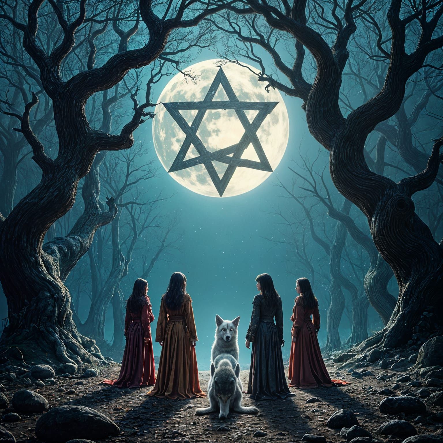 Women, Wolf, and Pentagram Under a Full Moon