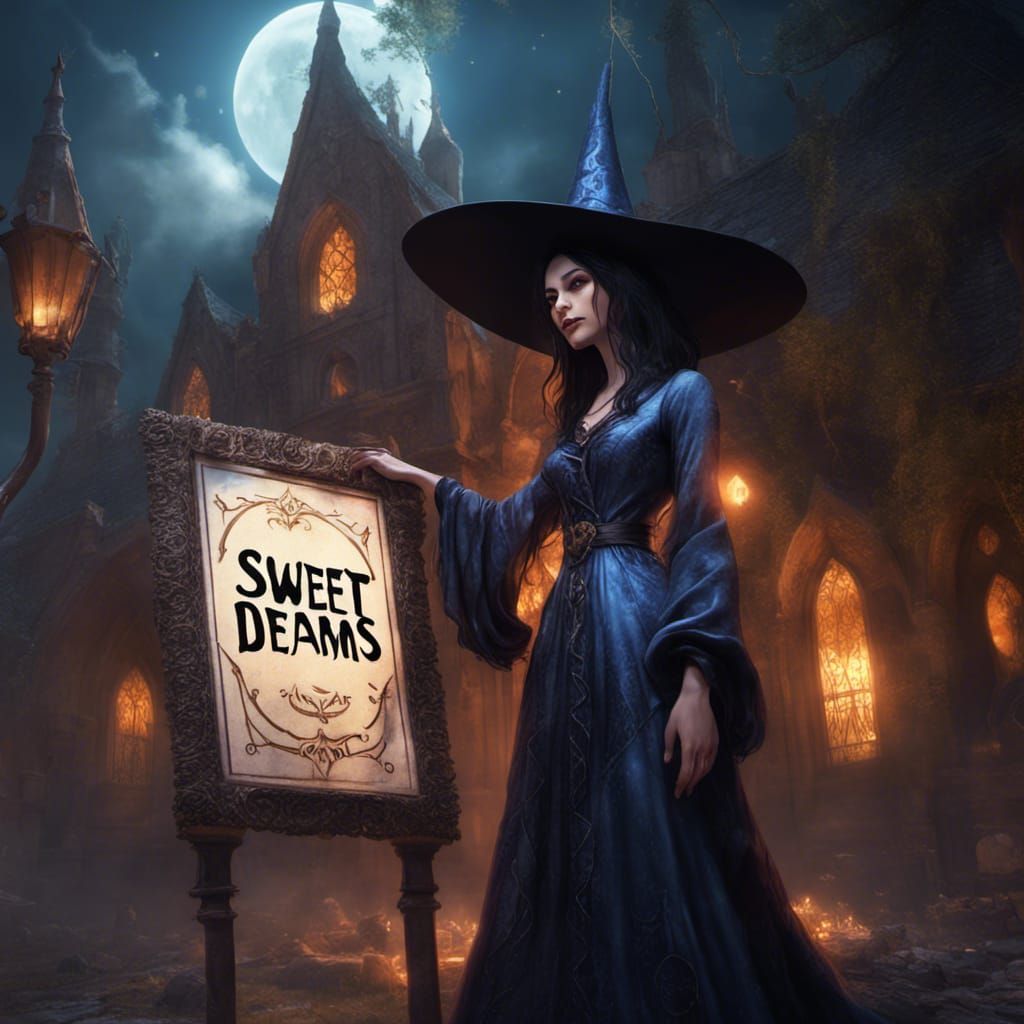Gothic Witch with Sweet Dreams Sign