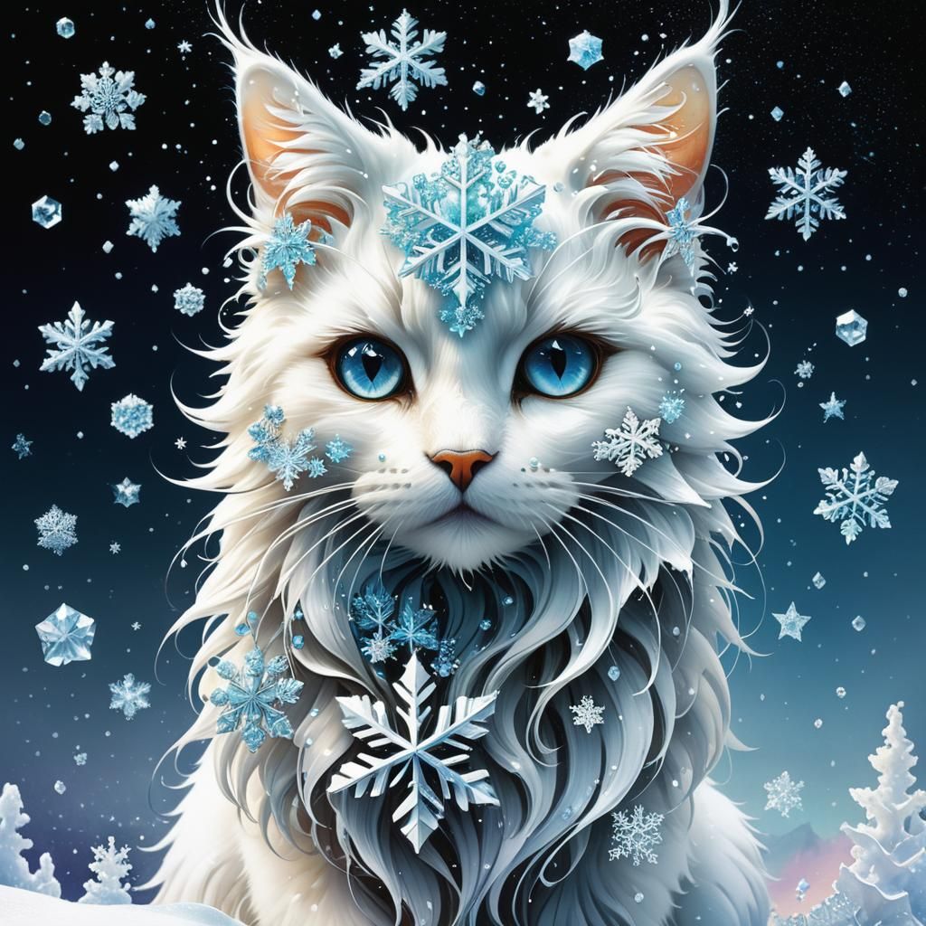 Icy Fractal Cat in Suminagashi Style
