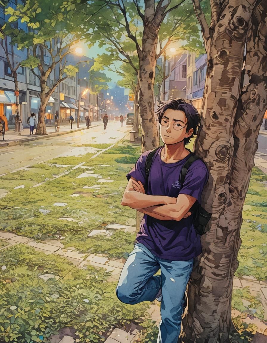 Anime Portrait in Cityscape at Dusk