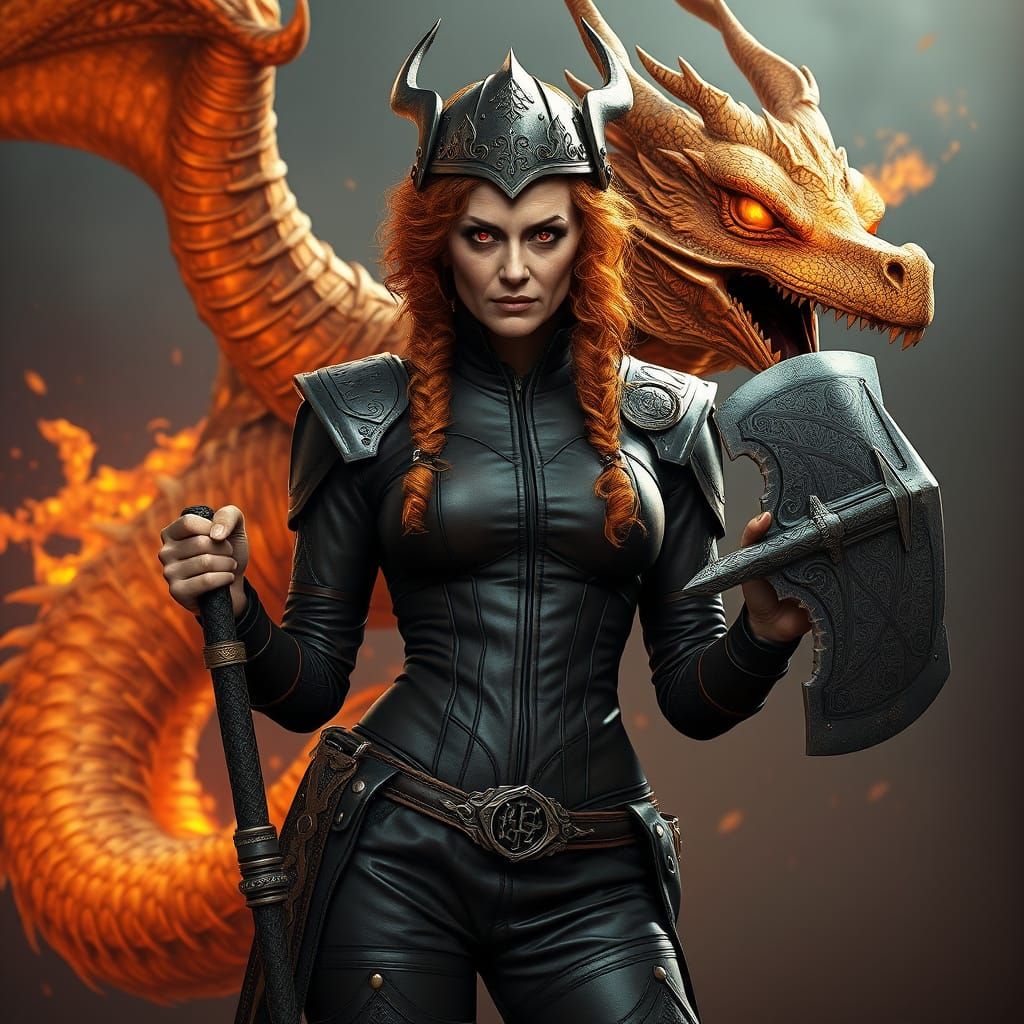 Steampunk Warrior Goddess with Red Eyes and Dragon