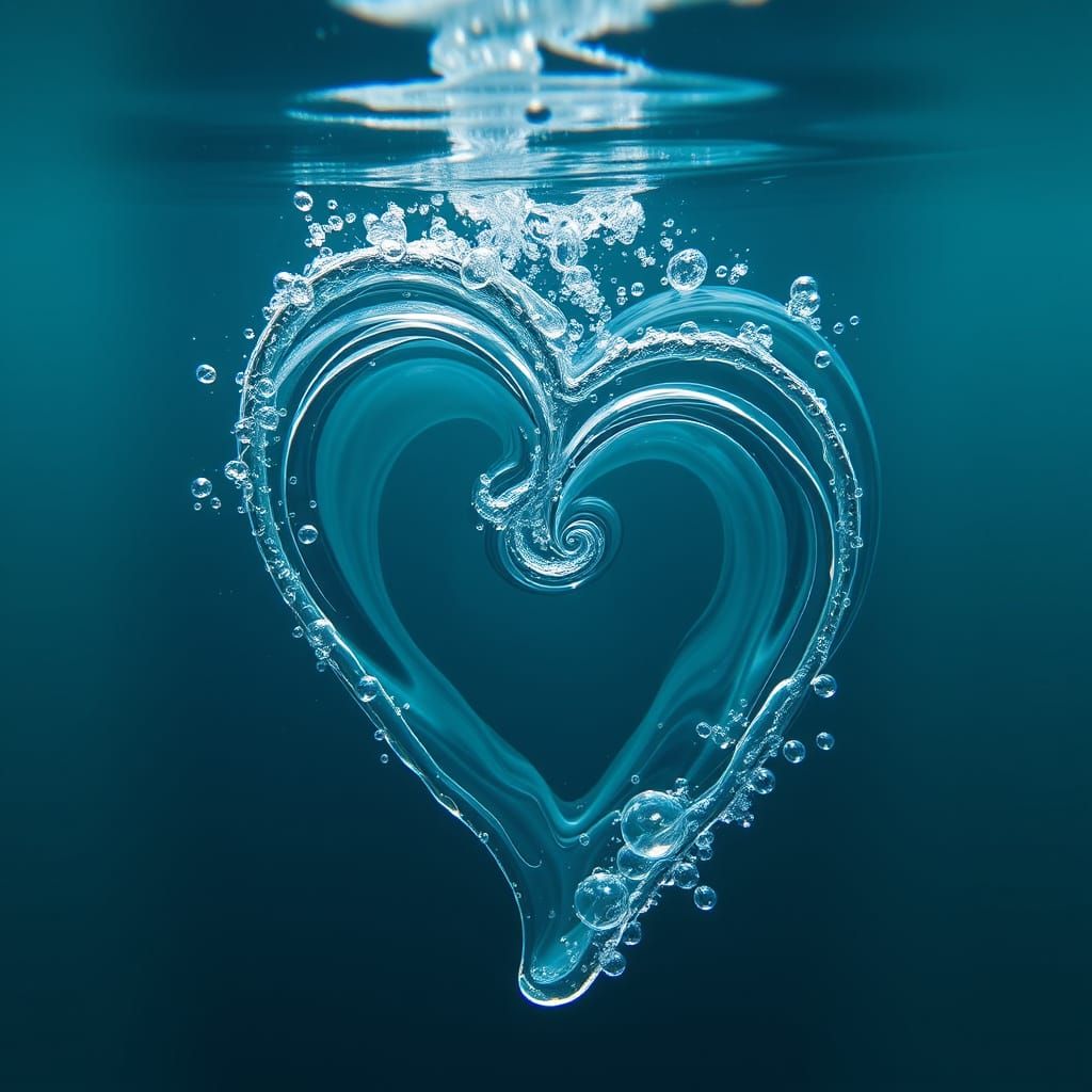 heart shaped swirl of bubbles underwater