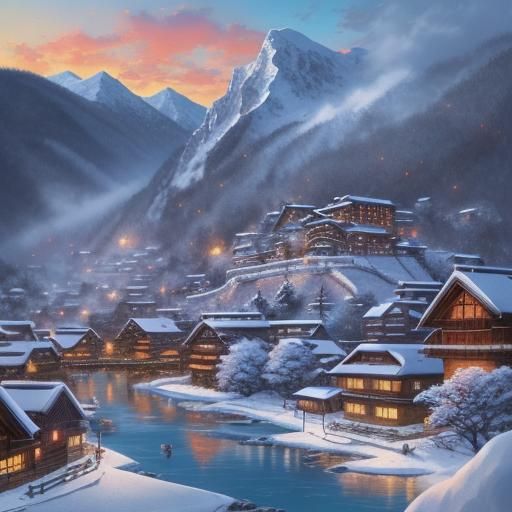 Snowy Mountain Village in Anime Style