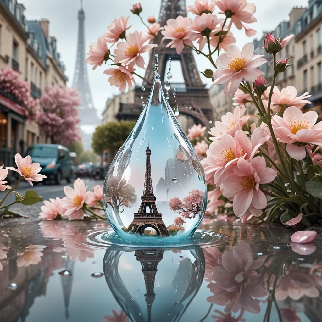 Eiffel Tower Mirrored in a Water Droplet