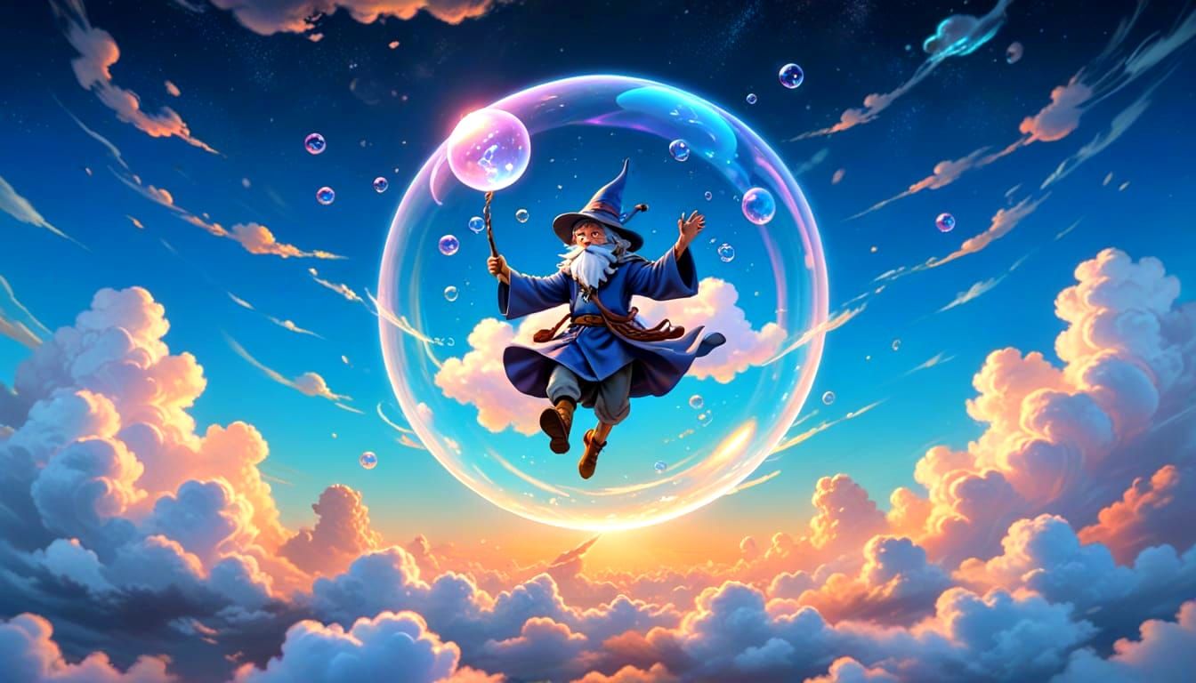Wizard Apprentice Rides Bubble Through Auroracore Sky