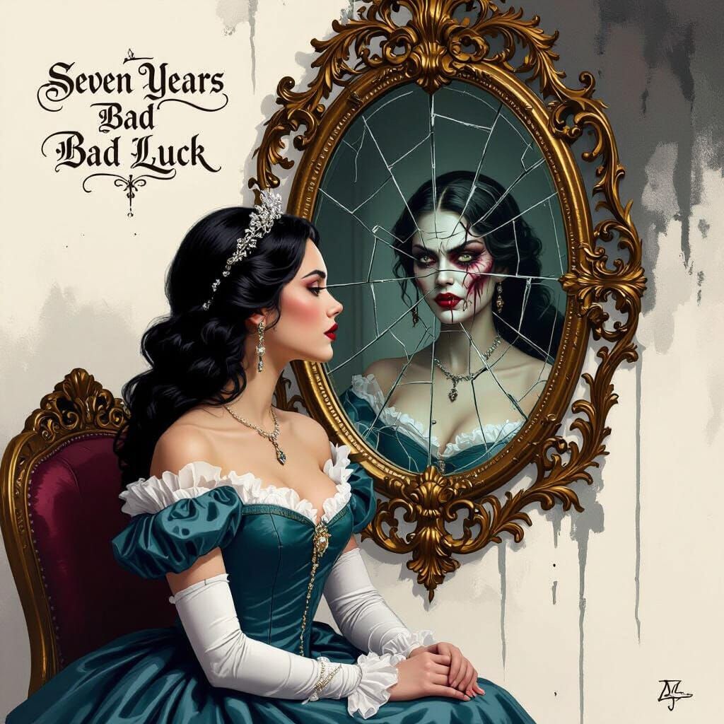 Dark-Haired Woman and Cracked Baroque Mirror, Photorealistic...