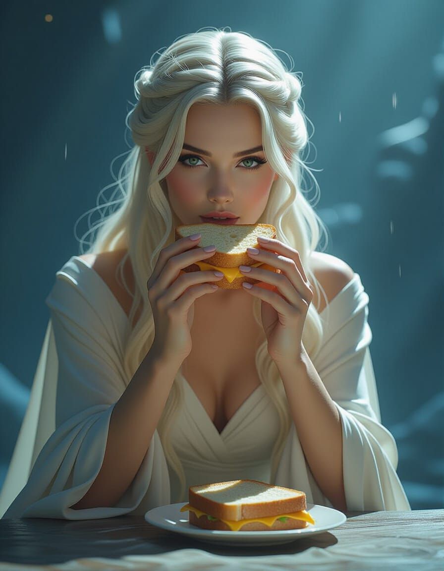 Goddess Aurora Eating a Sandwich in Sci-Fi Style