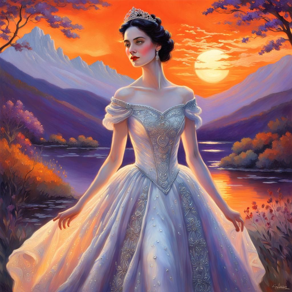 Ethereal Woman in Flowing Gown at Sunset