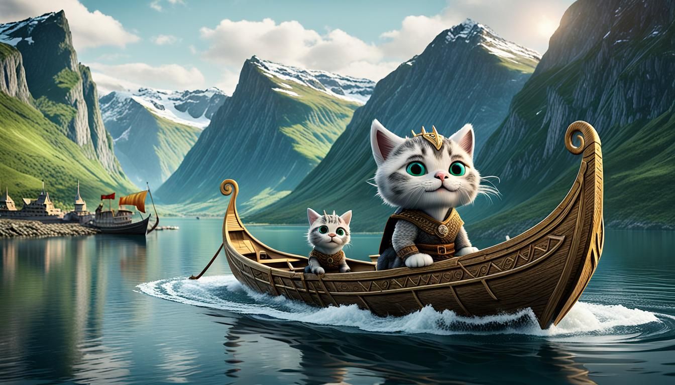Adorable Cartoon Cat Vikings on Fjord Longboat