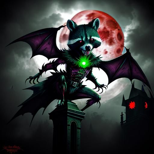 Flying angry rabid poison bloodstained racoon blood bat, glowing green eyes, misty foggy blood moon with lots of bats, c...