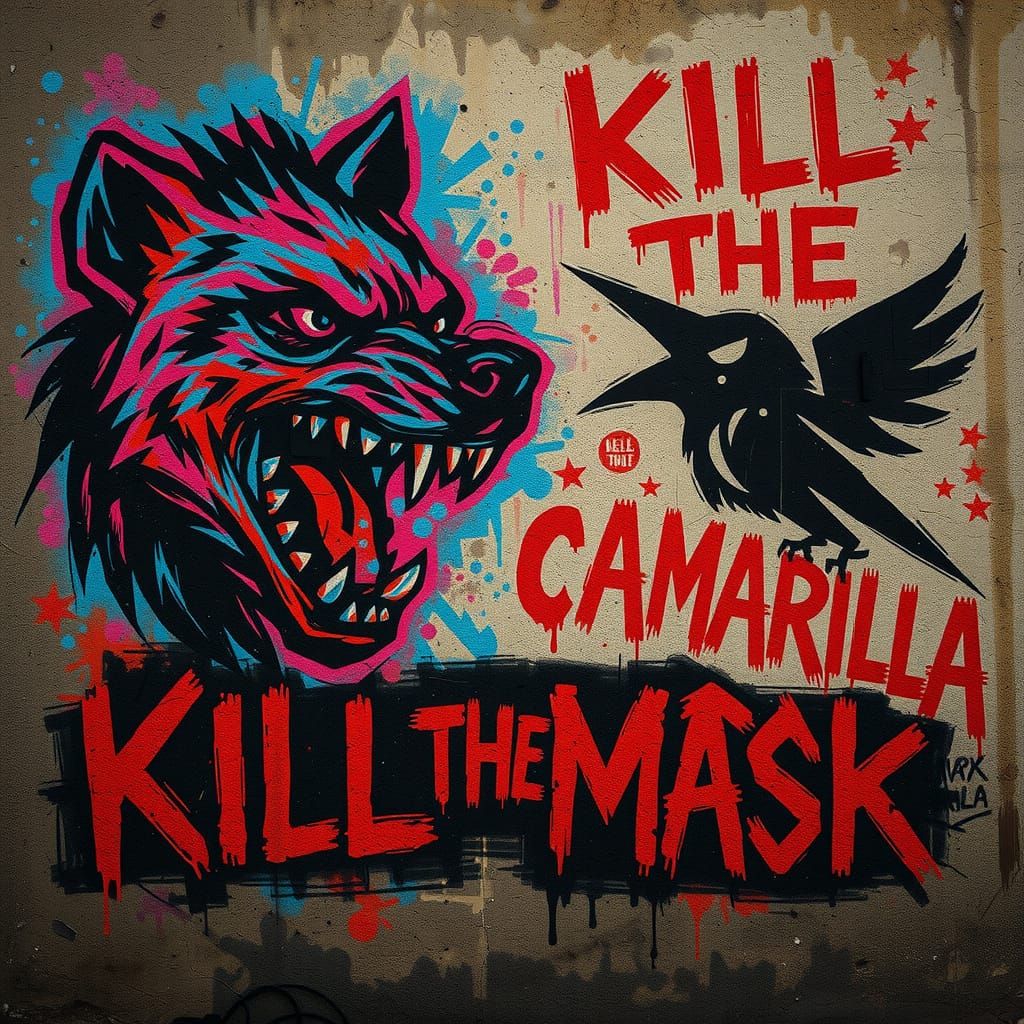 Gritty Urban Graffiti Mural with Hyena and Crow