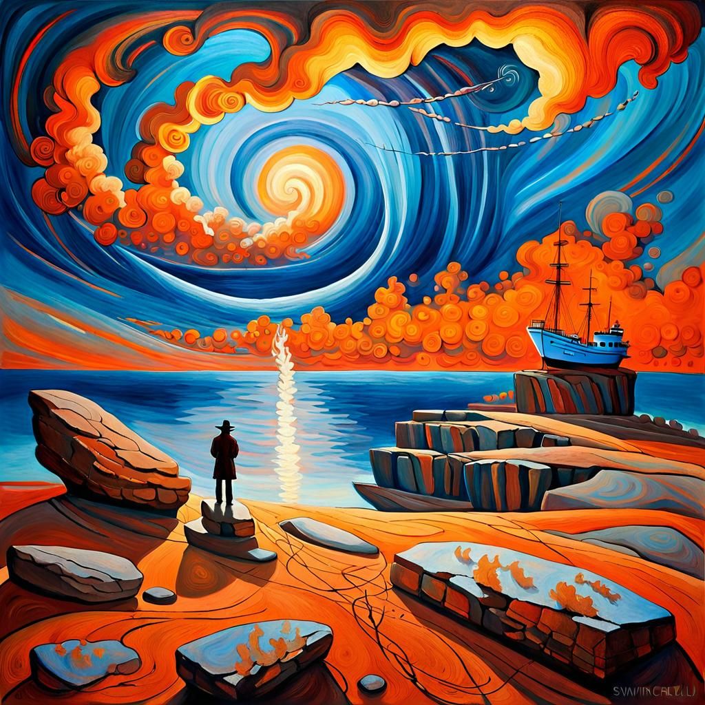 Surreal Dreamscape: Windswept Figure at Sunset
