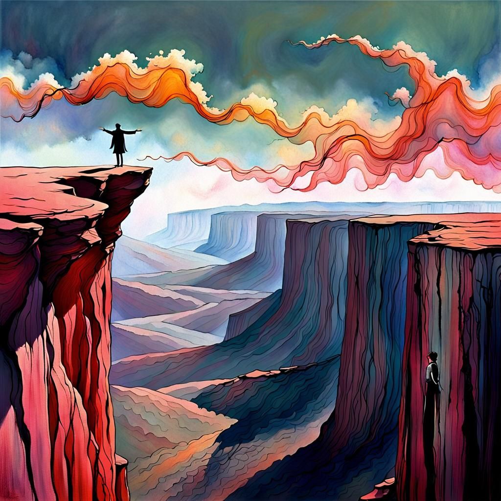 Surreal Cliffside Figure in Dreamscape Painting
