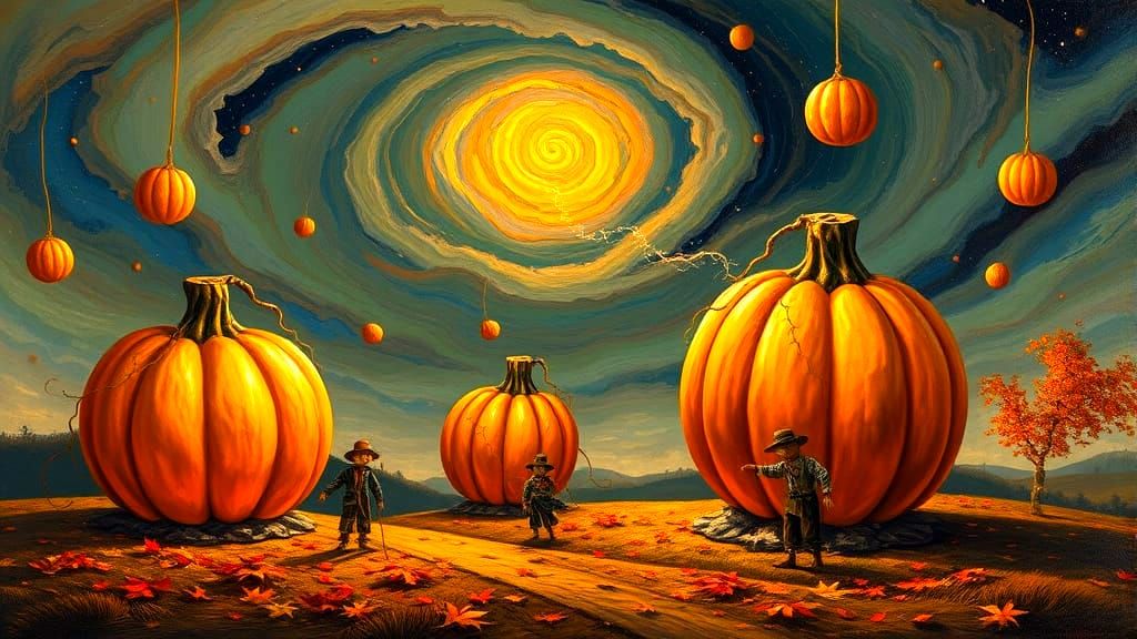 Surreal Autumn Landscape With Luminous Pumpkins and Starligh...