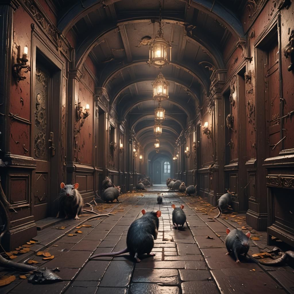 Gloomy Hallway with Rats: Detailed Matte Painting