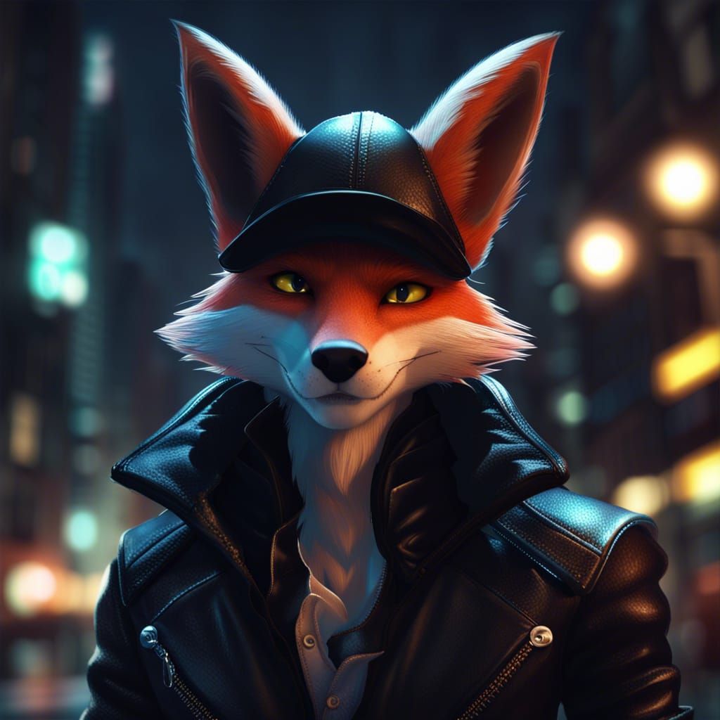 Vampire Fox in Leather Jacket, Digital Illustration