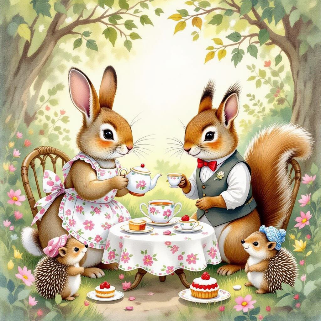 Enchanting Woodland Tea Party in Watercolor Style