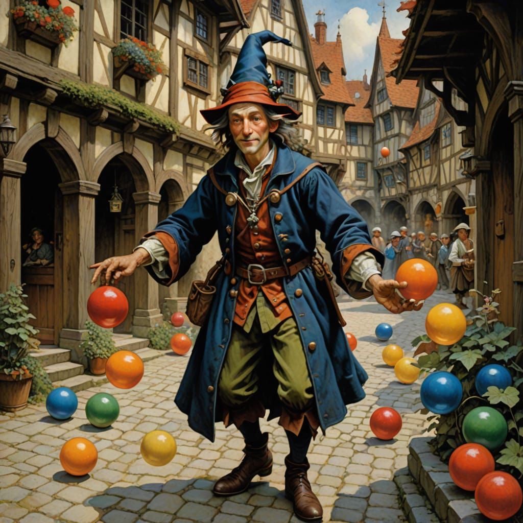 Medieval Jester Juggles in Whimsical Style