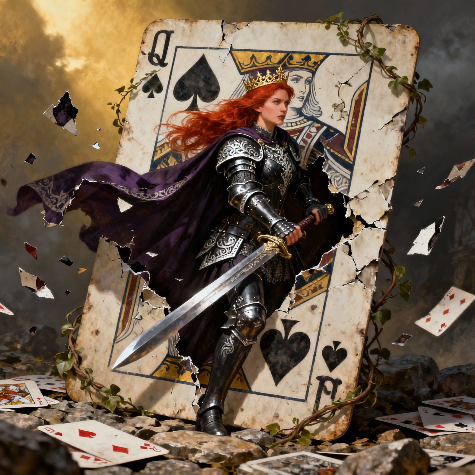 Regal Warrior Emerges From Queen of Spades Card