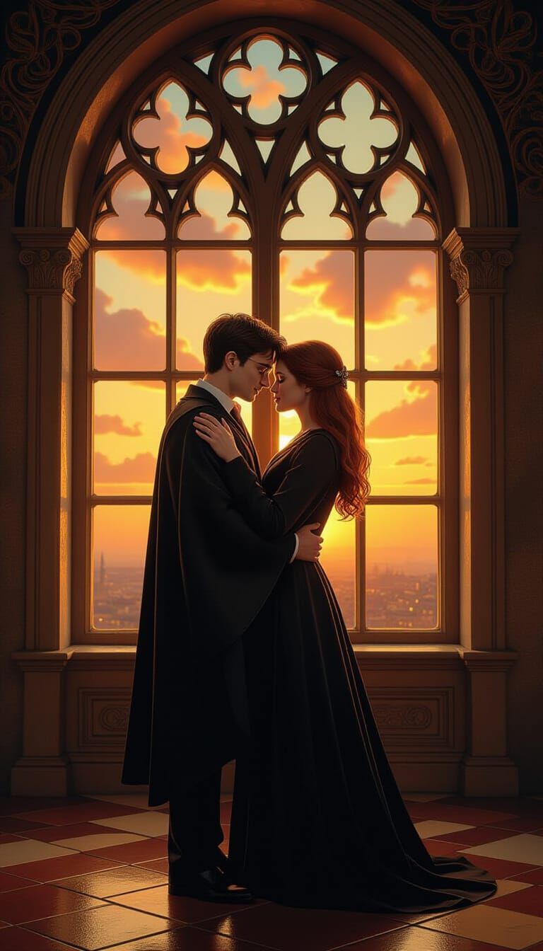 Harry and Ginny's Romantic Sunset in Surreal Style