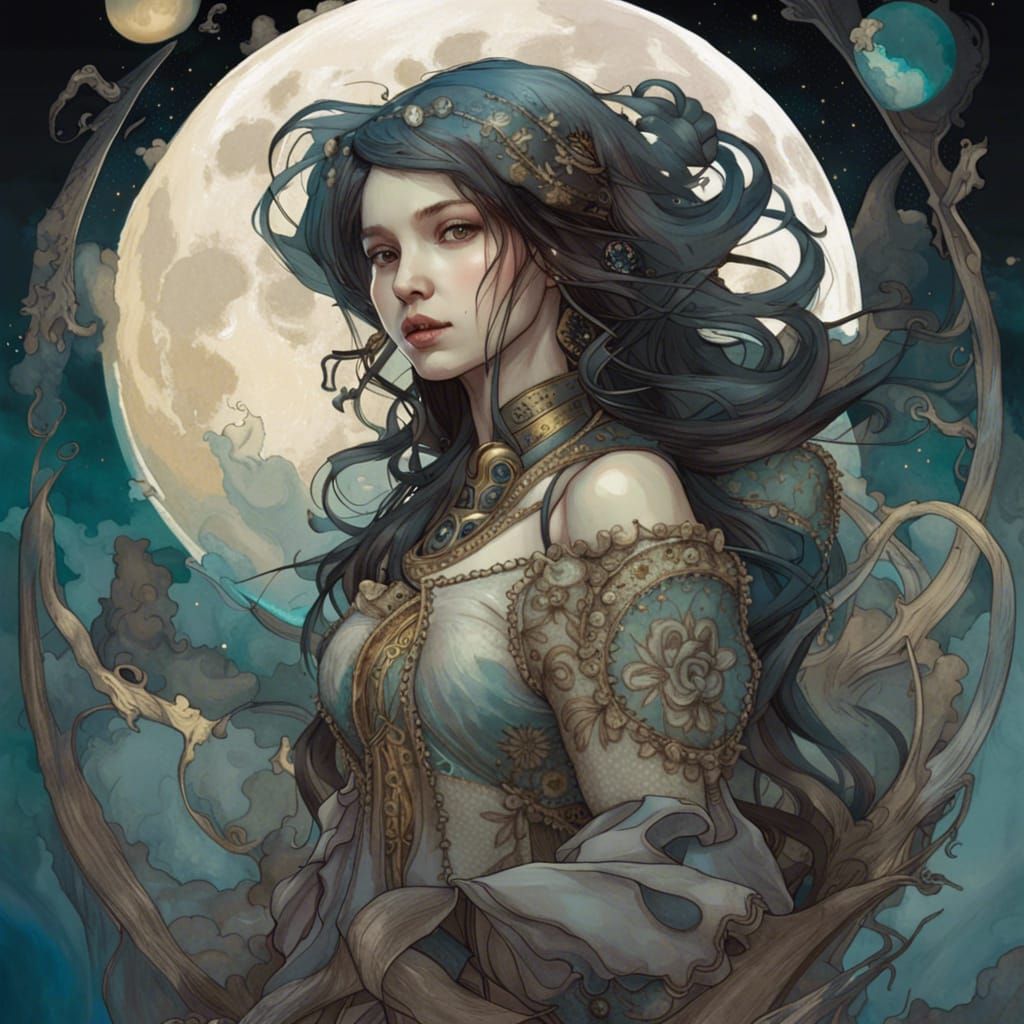 Tarot Card of Moonlit Girl: Fantasy Artwork