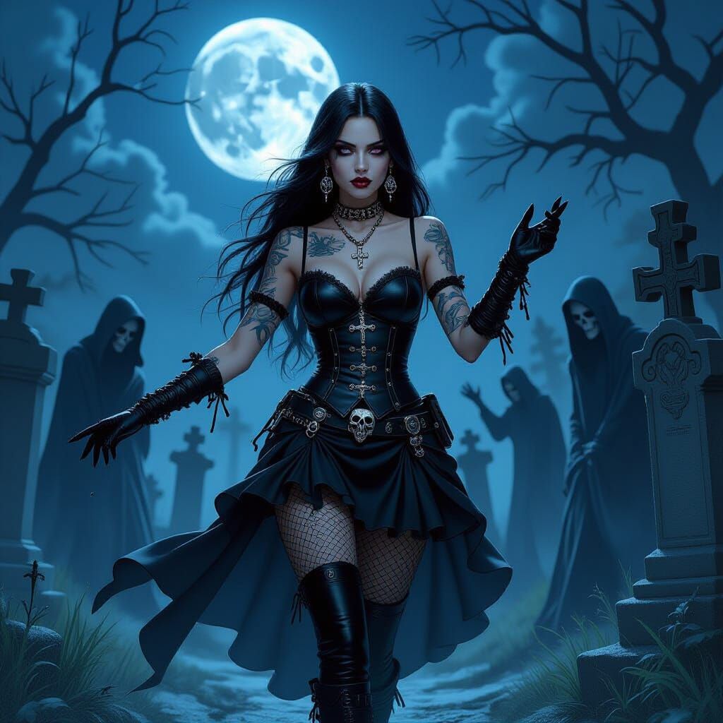 Goth Dancer with Ghosts in Graveyard
