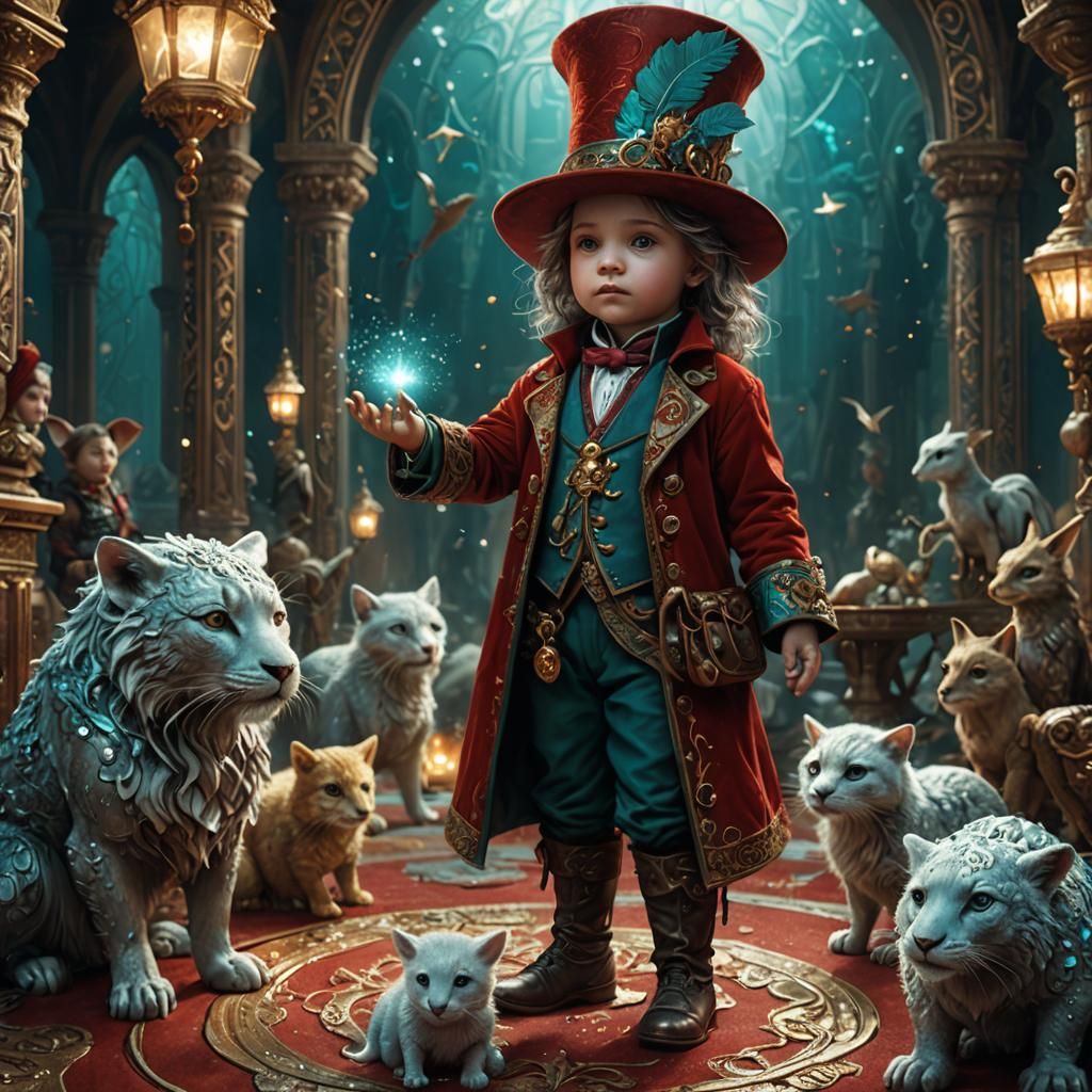 Cute Toddler Magician with Magical Creatures