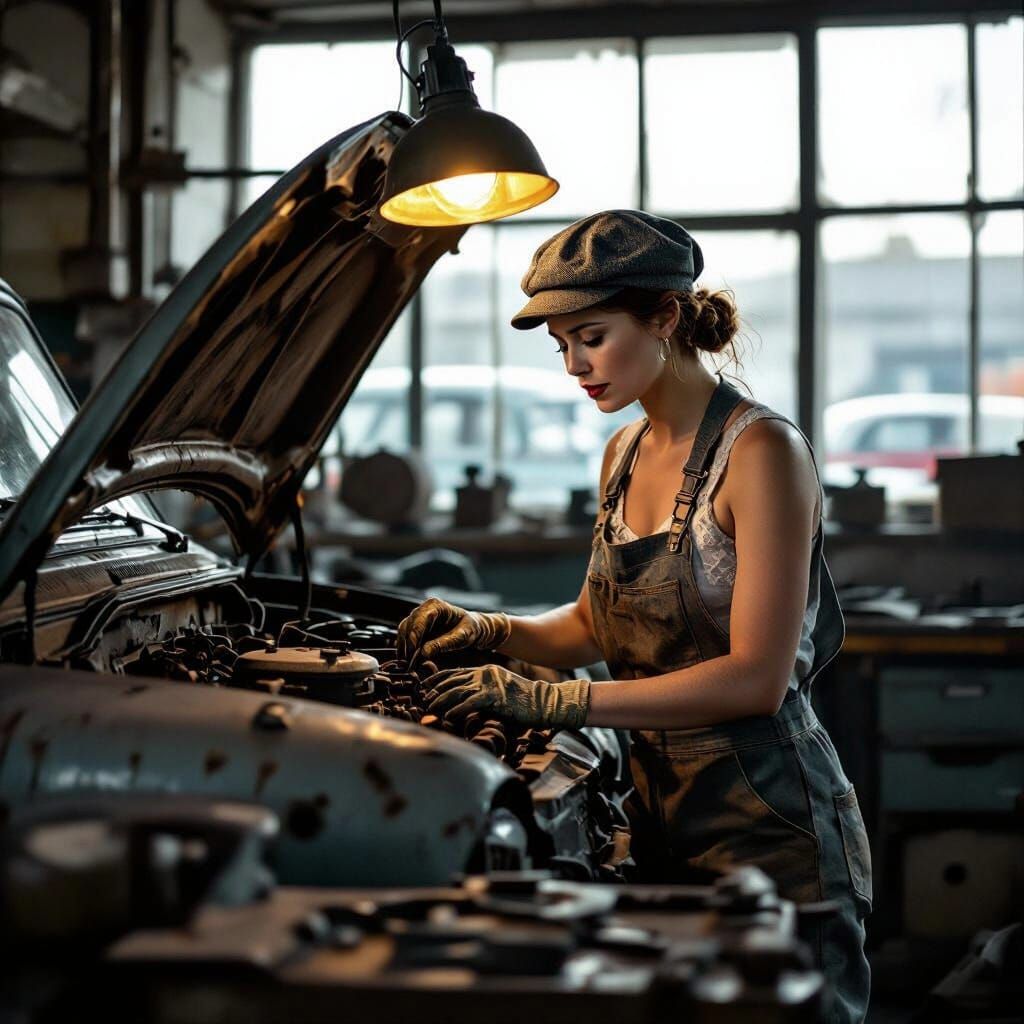 Cinematic Fashion Editorial: Woman Repairs Lada in Soviet Wo...