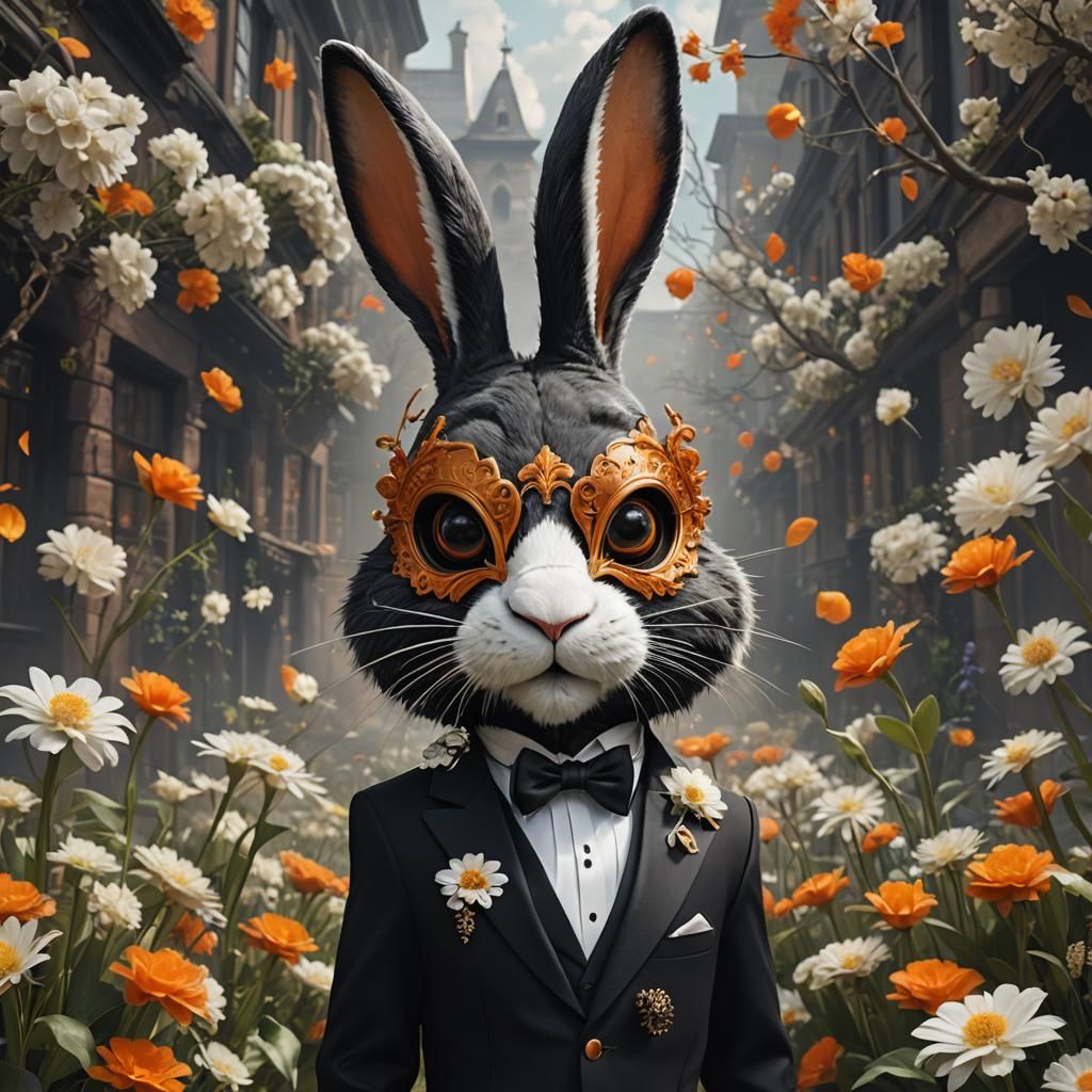 Rabbit Gentleman in Carrot Suit and Masquerade Mask