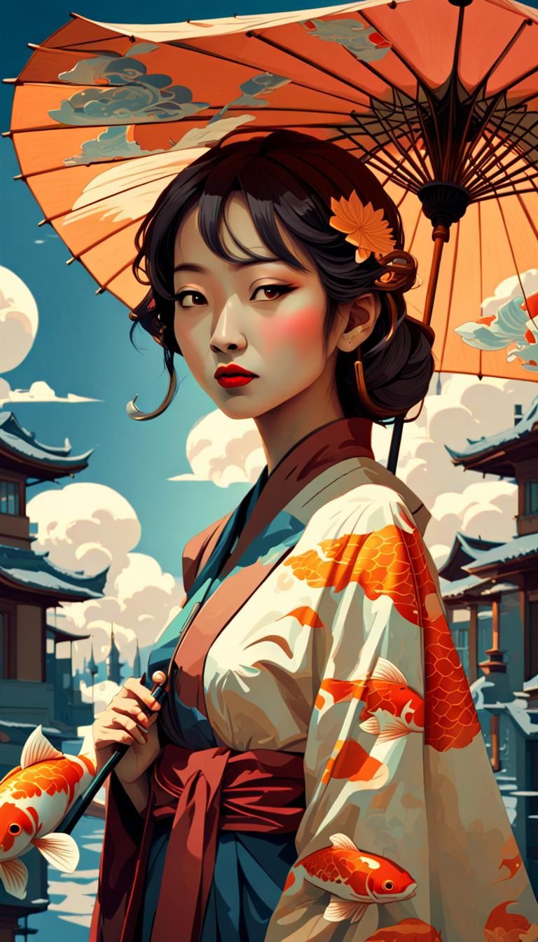 Asian Woman with Sky Koi: Matte Painting in Cubist Style