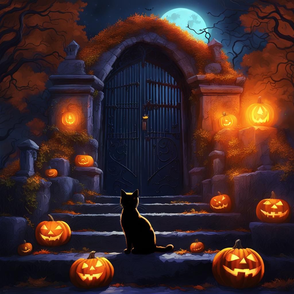 Dark Fantasy Graveyard Entrance with Black Cat