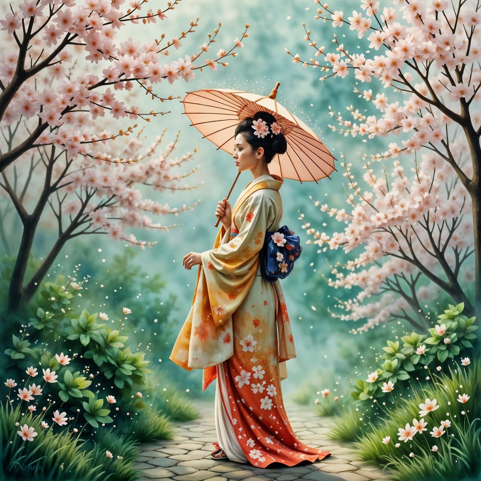 <lora:Paysage:1.0> une guesha avec une ombrelle en dentelle Josephine Wall