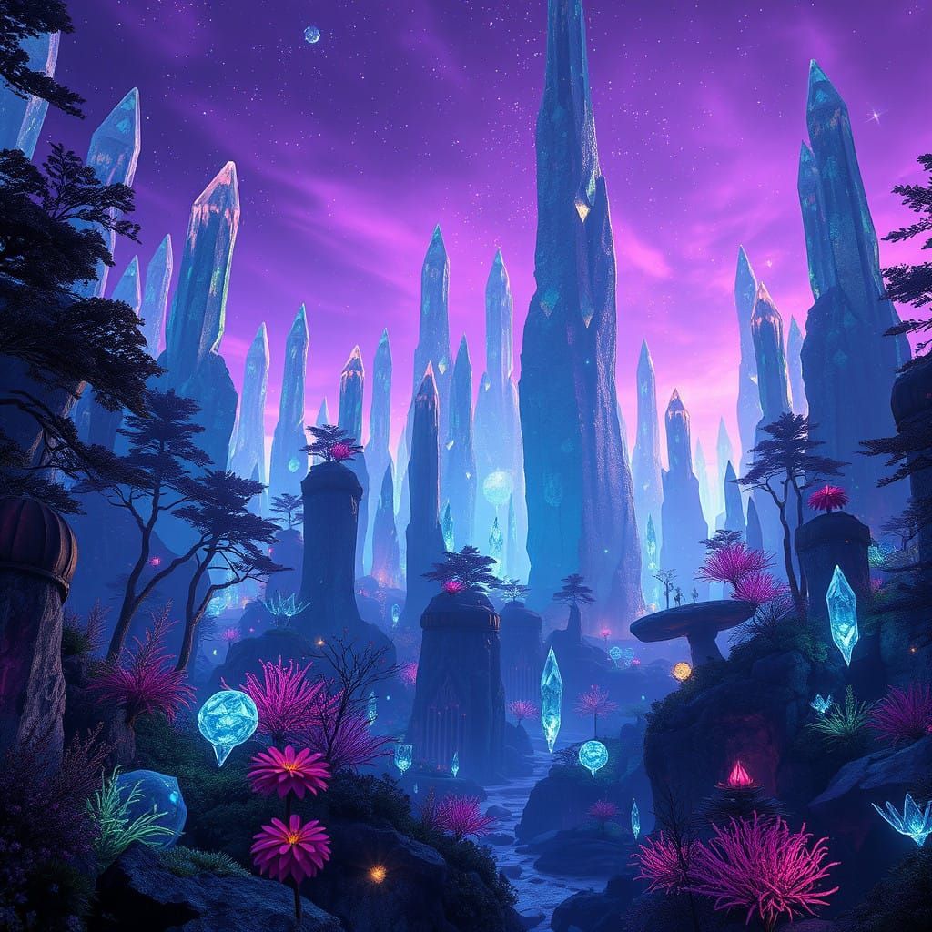 Enchanted Crystal Realm under a Vibrant Purple Sky