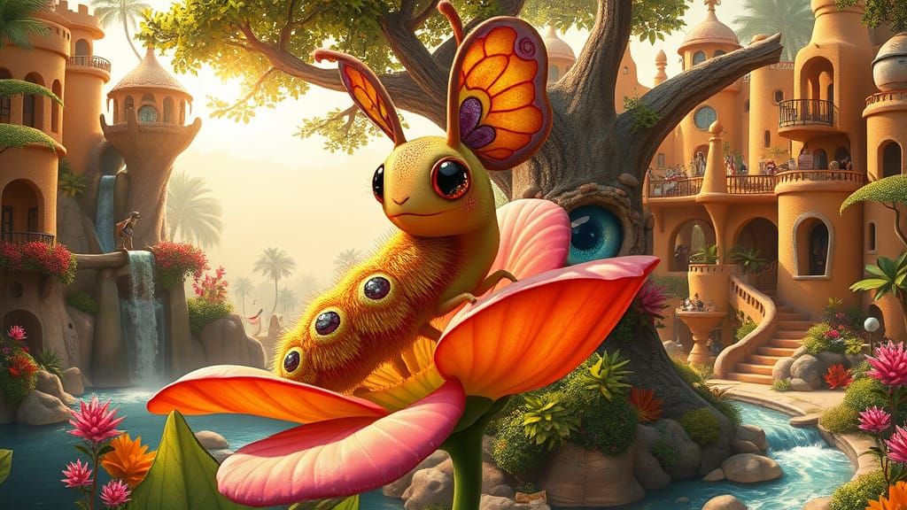 Vibrant Alien Oasis Blooms with Whimsical Insect