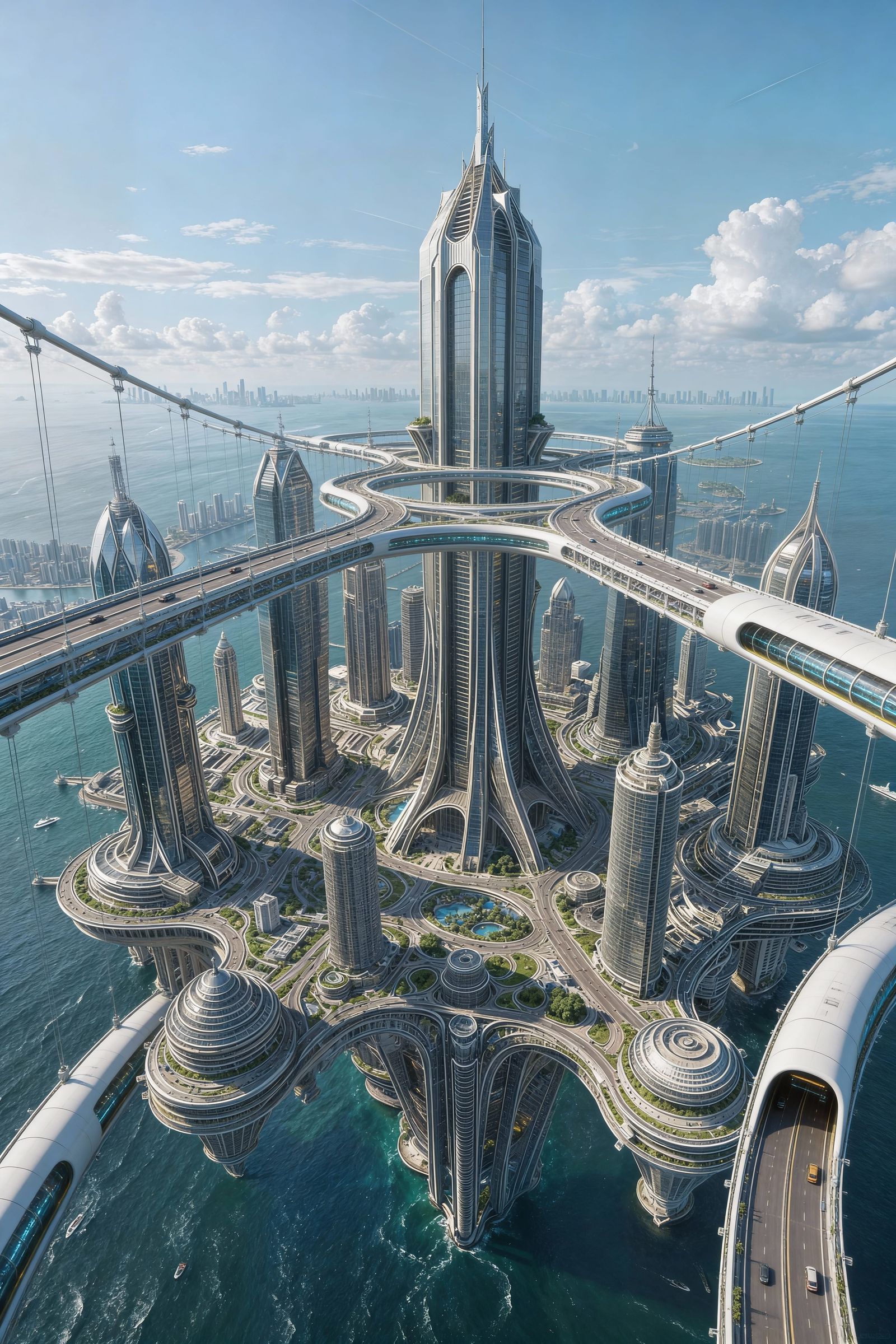 Futuristic Floating Metropolis in Vast Ocean